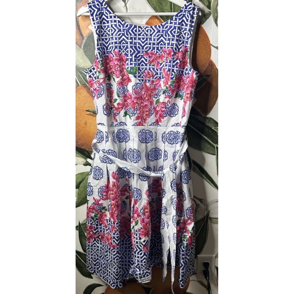 Talbots Size 14 V Neck Belted Back Zip Floral Sleeveless Pleated Dress Spring